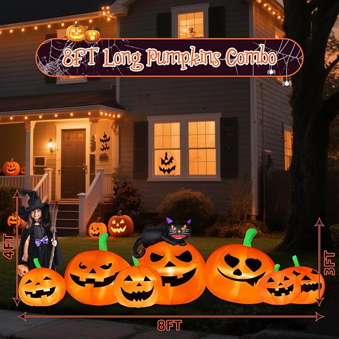 8FT Long Halloween Inflatable Decoration 7 Pumkins with Black Cat with LED Lights Blow Up Inflatable for Halloween Outdoor Indoor Garden Yard Lawn Deco