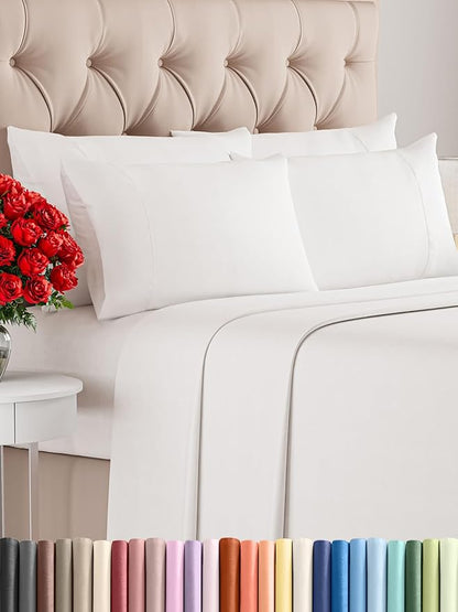CGK Linens Queen 6 Piece Sheet Set - Cooling Sheets for Hot Sleepers - Hotel Luxury Bedding Set with 8-16 Inch Deep Pockets - 1 Flat & 1 Fitted & 4 Pillowcases - Soft & Wrinkle Free - Antique White