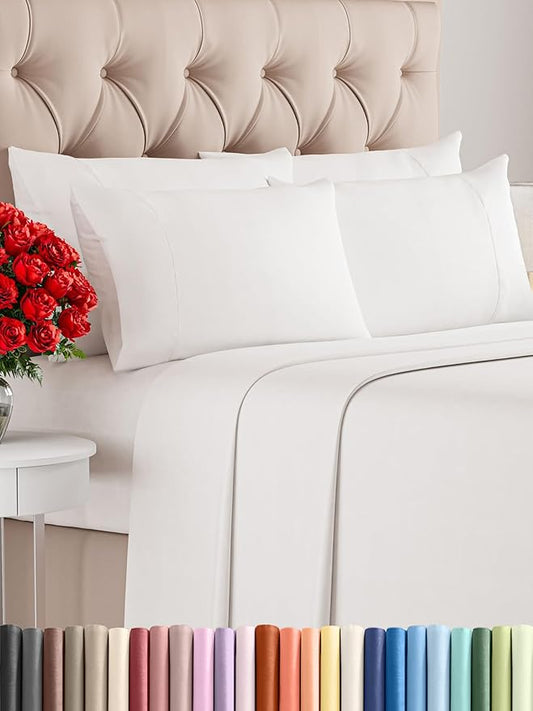 CGK Linens Queen 6 Piece Sheet Set - Cooling Sheets for Hot Sleepers - Hotel Luxury Bedding Set with 8-16 Inch Deep Pockets - 1 Flat & 1 Fitted & 4 Pillowcases - Soft & Wrinkle Free - Antique White