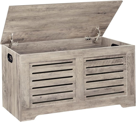 DINZI LVJ Storage Chest, 39.4”Wooden Toy Box with 2 Safety Hinges, Retro Entryway Shoe Storage Bench with Flip-Top, Sturdy Large Storage Trunk for Living Room, Bedroom, Easy Assembly, Greige