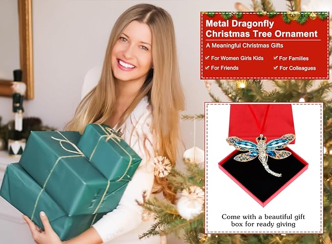 WhatSign Blue Dragonfly Christmas Ornaments - Metal Dragonfly Ornaments for Christmas Tree Decorations Gifts for Women Girls Kids