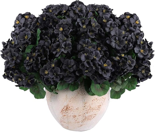 Hananona 12 Bundles Artificial Geranium Flowers for Outdoors Black Silk Geranium Flowers Outdoor UV Resistant Plants Faux Black Flower for Home Kitchen Halloween Table Centerpieces Decor (12, Black)