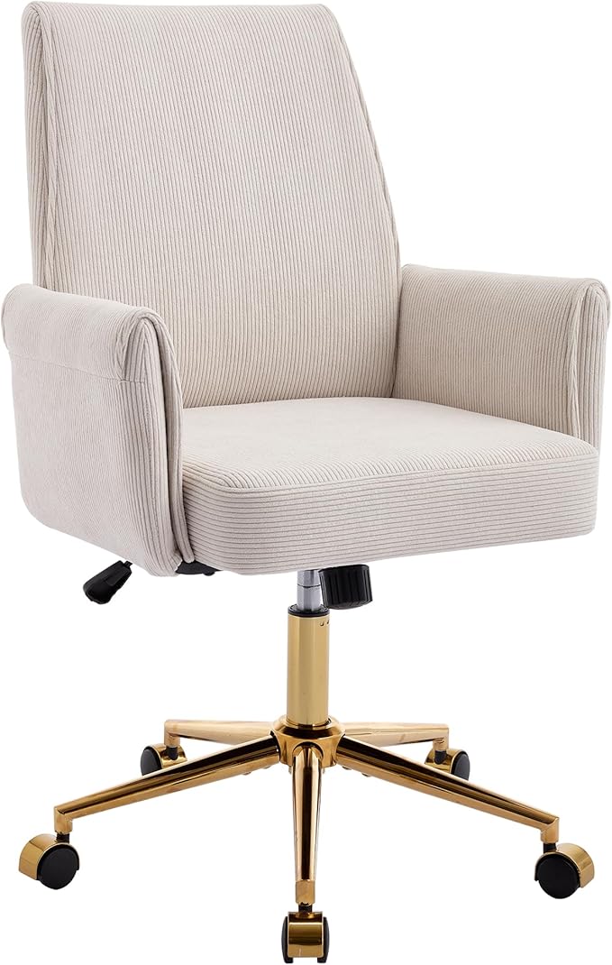 Striped Velvet Office Chair, 360° Swivel Ergonomic Task Chair with High Back, Gold Base and Wheels, Height Adjustable Modern Accent Chair for Home Office, Living Room, Study, Vanity Room (Cream)