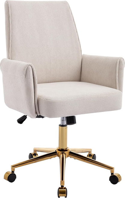 Striped Velvet Office Chair, 360° Swivel Ergonomic Task Chair with High Back, Gold Base and Wheels, Height Adjustable Modern Accent Chair for Home Office, Living Room, Study, Vanity Room (Cream)