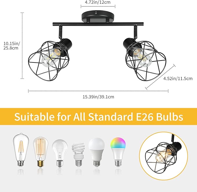 WILON Industrial Track Lighting Fixtures Ceiling, 2 Light Kitchen Ceiling Light Rotatable Spotlight Fixtrues E26 Base Wall Light Fixture, Black Flush Mount Light for Kitchen Hallway Entryway