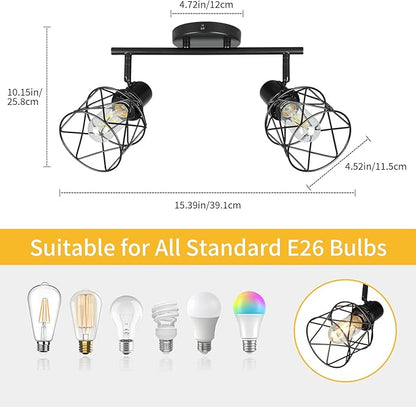 WILON Industrial Track Lighting Fixtures Ceiling, 2 Light Kitchen Ceiling Light Rotatable Spotlight Fixtrues E26 Base Wall Light Fixture, Black Flush Mount Light for Kitchen Hallway Entryway