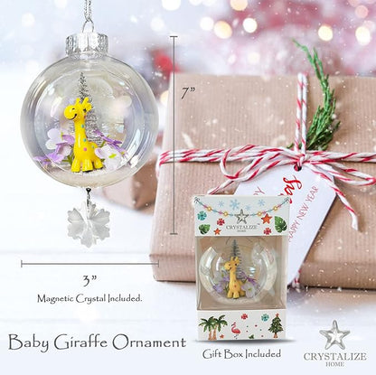 Baby Giraffe Christmas Ornament - Handmade Shatterproof Decorations for Indoor Outdoor Xmas Tree - Clear Ball Ornaments with Magnetic Crystal - Great Gift or Stocking Stuffer for Mom, Sister, Friend