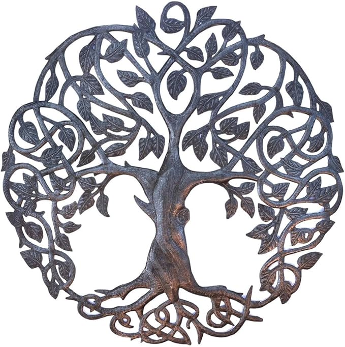 Tree of Life Metal Wall Art, Contemporary Iron Artwork Decor, Celtic Family Trees, 23 In. x 23 In. Round Modern Plaque, Handmade in Haiti,Fair Trade Certified, Signed By Wilson Etienne