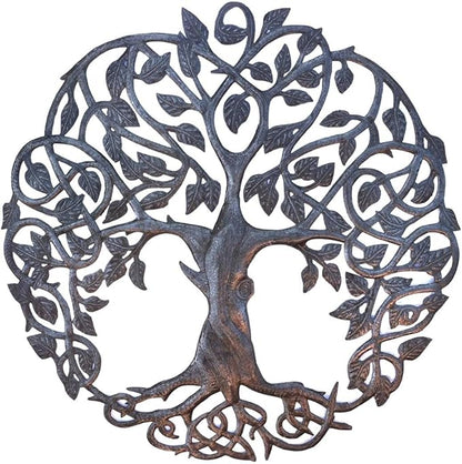 Tree of Life Metal Wall Art, Contemporary Iron Artwork Decor, Celtic Family Trees, 23 In. x 23 In. Round Modern Plaque, Handmade in Haiti,Fair Trade Certified, Signed By Wilson Etienne