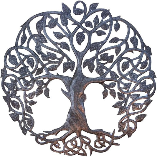 Tree of Life Metal Wall Art, Contemporary Iron Artwork Decor, Celtic Family Trees, 23 In. x 23 In. Round Modern Plaque, Handmade in Haiti,Fair Trade Certified, Signed By Wilson Etienne