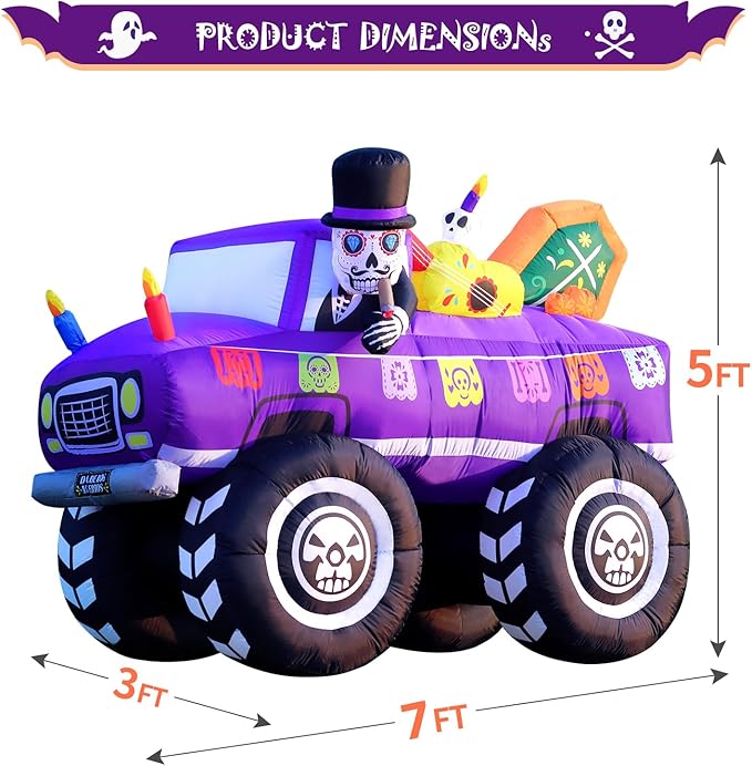7FT Halloween Inflatable Blow Up Decorations, Dia de Los Muertos Day of Dead Catrina Skulls Monster Truck, Built-in LEDs for Holiday Party, Garden, Lawn, Yard, Patio Décor