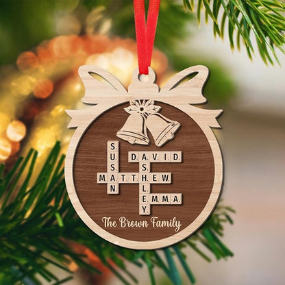 Custom Family Crossword Ornament, Personalized Wooden Christmas Decoration