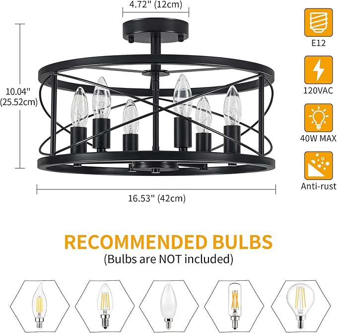 6-Light Black Semi Flush Mount Ceiling Light, 16.93'' Modern Farmhouse Close to Ceiling Light Fixtures, Ceiling Lamp for Hallway Entryway Kitchen Dining Room Living Room Bedroom Lights, UL Listed