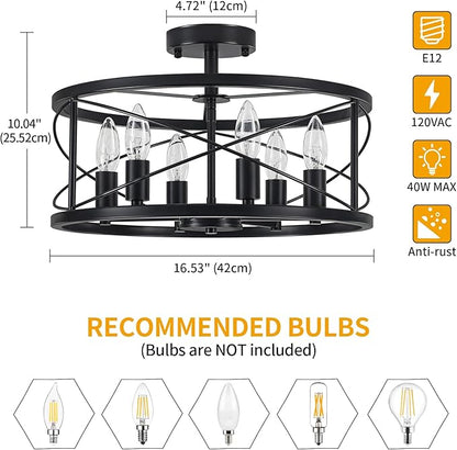 6-Light Black Semi Flush Mount Ceiling Light, 16.93'' Modern Farmhouse Close to Ceiling Light Fixtures, Ceiling Lamp for Hallway Entryway Kitchen Dining Room Living Room Bedroom Lights, UL Listed