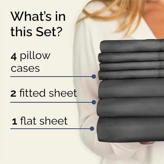 CGK Linens Split King 7 Piece Sheet Set - Cooling Sheets for Hot Sleepers - Hotel Luxury Bedding Set with 8-16 Inch Deep Pockets - 1 Flat & 2 Fitted & 4 Pillowcases - Soft & Wrinkle Free - Split King