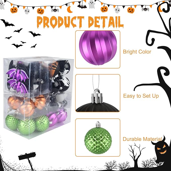 62Pcs Halloween Hanging Ball Ornaments, Ornaments Tree Decorations, Shatterproof Plastic Balls for Cute Holiday Party Indoor Home Decor (62Pack)