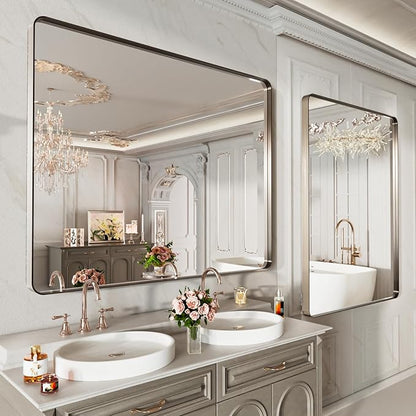 LOAAO 40X24 Inch Brushed Nickel Bathroom Mirror, Rounded Rectangle Silver Metal Frame Mirror, Brushed Nickel, Anti-Rust, Hangs Horizontally or Vertically