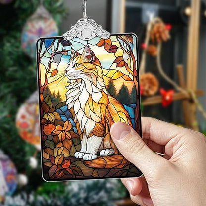 Orange Cat Stained Glass 2025 Christmas Ornament, Autumn Sunset-Inspired Christmas Tree Hanging Decoration for Pet Lovers, or Stocking Stuffer, 3.8 x 2.4 Inch