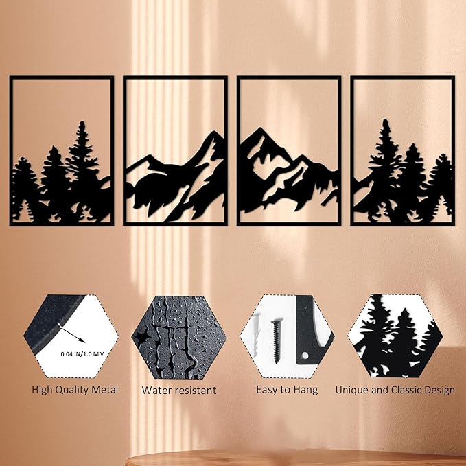 ESTART 4 Pcs Metal Mountain Wall Art, Large Mountains Wall Decor, Mountain Rivers Decorative Painting Suitable For Living Room Bedroom Office Indoor And Outdoor (Mountain Forest)