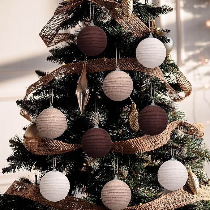 Syhood 6pcs Christmas Ball Ornaments Boho Farmhouse Jute Rope Hanging Xmas Balls Burlap Neutral Rustic Ornaments for Xmas Tree Holiday Wreath Garland (3.15 Inches,White,Beige,Dark Brown)