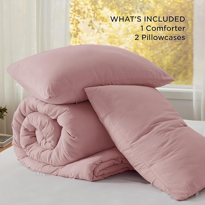 Bedsure King Size Comforter Set, Pink Soft Prewashed Bedding for All Seasons, 3 Pieces GentleSoft™ Warm Down Alternative Bed Set, 1 Lightweight Comforter (104"x90") and 2 Pillowcases (20"x36")