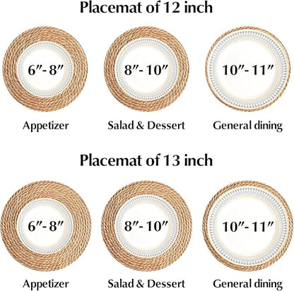 Round Woven Placemats - Boho Rattan Placemats Natural Water Hyacinth Farmhouse Weave Place Mats, Rustic Braided Wicker Table Mats for Dining Table,Home,Wedding (12 inch Set of 6)