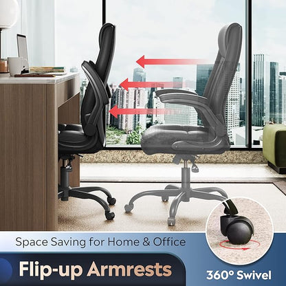 DEVAISE Executive Chair Computer Office Chair, High Back Ergonomic Desk Chair with Adjustable Flip-up Armrests, Lumbar Support and Thick Headrest, Black
