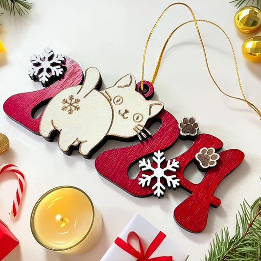 Personalized Cat 2024 Wooden Christmas Ornament - Custom Pet-Themed Holiday Tree Decoration for Cat Lovers - Easily Personalize with a Name or Message Using Marker (Marker Not Included)