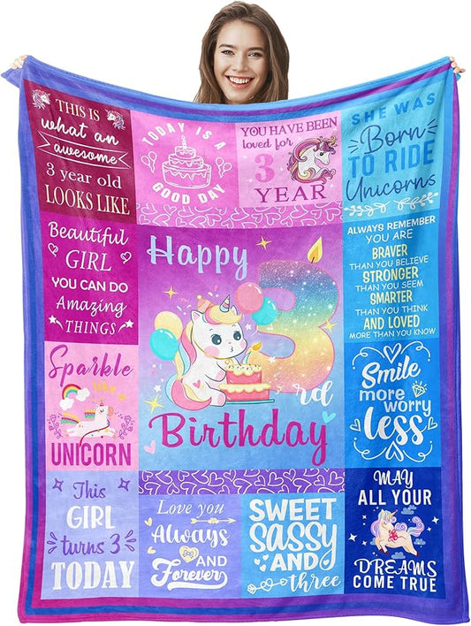 3 Year Old Girl Birthday Gift Ideas Blanket, Gifts for 3 Year Old Girl, 3 Year Old Birthday Decorations Girl, Three Year Old Girl Birthday Gifts, 3rd Birthday Girl Gifts 50"X40"