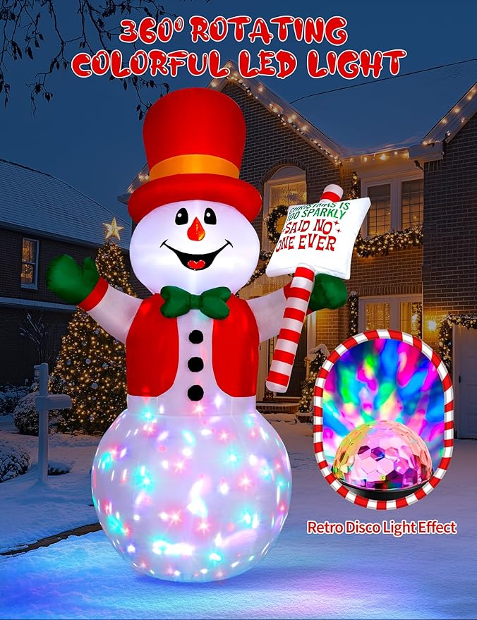 8ft Christmas Inflatable Outdoor Decoration Snowman, Gentleman Snowman Holding Sign Welcoming Guest, Built-in Rotating Disco Light, Blow Up Outside Decor for Xmas Holiday Lawn Yard Garden