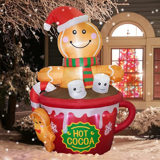 ZPISF 6 FT Christmas Inflatables Outdoor Decorations, Cute Christmas Blow Up Yard Decorations Gingerbread Man in Hot Cocoa Mug Scene for Garden Lawn Xmas Decor