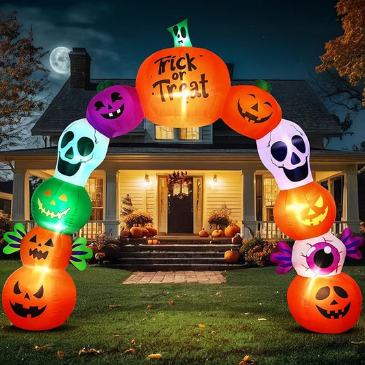 10FT Halloween Inflatables Pumpkin Skeleton Archway with Built-in LED Lights – Blow Up Yard Decoration with Candy Pumpkins for Indoor Outdoor Lawn Garden