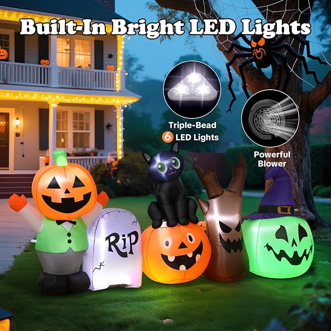 Halloween Inflatables Outdoor Decoration, Pumpkin/Tombstone/Black Cat/Ghost Tree, Cute Blow Up Yard Decor, for Outside Garage Door Graveyard Yard Porch Lawn (8.5ft Pumpkin+Black Cat)