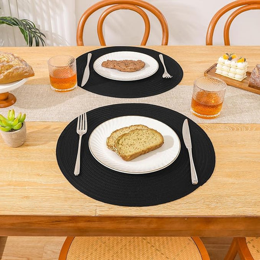 SHACOS Round Braided Placemats Set of 8 Washable Cotton Polyester Woven Round Table Mats for Dining Tables 15 inch (Black, 8)