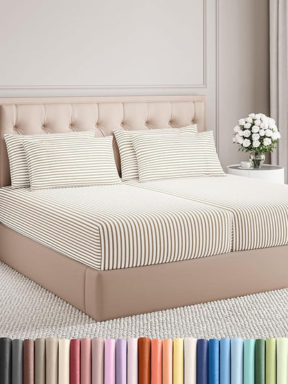 CGK Linens Split King 7 Piece Sheet Set - Cooling Sheets for Hot Sleepers - Hotel Luxury Bedding Set w/ 8-16 Inch Deep Pockets - 1 Flat & 2 Fitted & 4 Pillowcases - Soft & Wrinkle Free - Beige Stripes