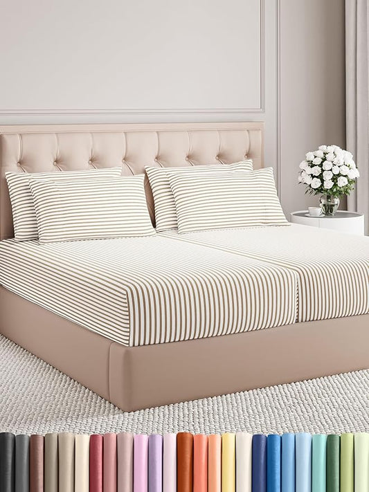 CGK Linens Split King 7 Piece Sheet Set - Cooling Sheets for Hot Sleepers - Hotel Luxury Bedding Set w/ 8-16 Inch Deep Pockets - 1 Flat & 2 Fitted & 4 Pillowcases - Soft & Wrinkle Free - Beige Stripes