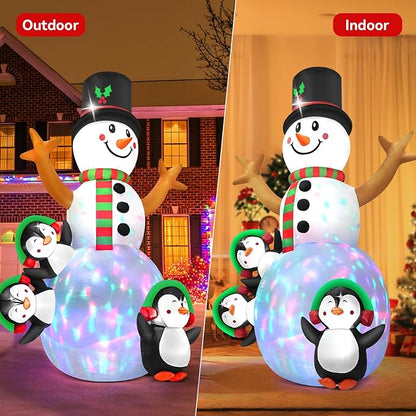 6.3 FT Christmas Inflatable Snowman Outdoor Decoration with Build-in Multicolor LEDs, Snowman with 3 Penguins Blow Up Inflatables Christmas for Yard Garden Lawn Xmas Holiday Decor