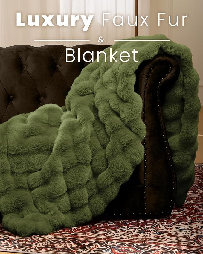 Ultra Soft Cozy Faux Fur Throw Blanket, Fuzzy Plush Thick Bubble Blanket, Oversize Luxury Fluffy Blanket for Couch, Bed, and Living Room, 60x80 Inches, Sage