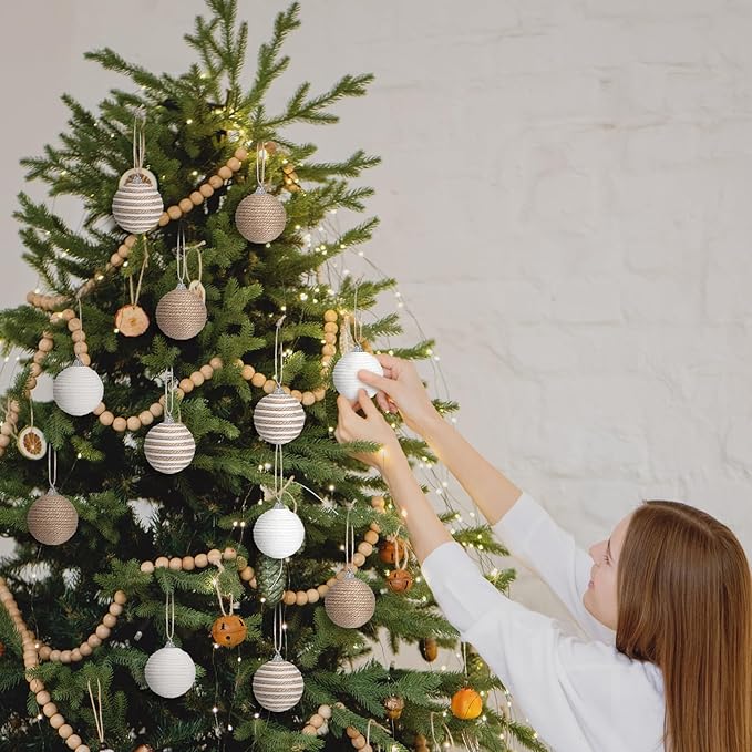 Syhood 9 Pcs 2.36 Inch Christmas Ball Ornaments Boho Farmhouse Jute Rope Hanging Balls Burlap Neutral Rustic Ornaments for Xmas Tree Holiday Wreath Garland Wedding Home(Linen, Cream White)