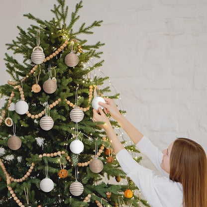 Syhood 9 Pcs 2.36 Inch Christmas Ball Ornaments Boho Farmhouse Jute Rope Hanging Balls Burlap Neutral Rustic Ornaments for Xmas Tree Holiday Wreath Garland Wedding Home(Linen, Cream White)