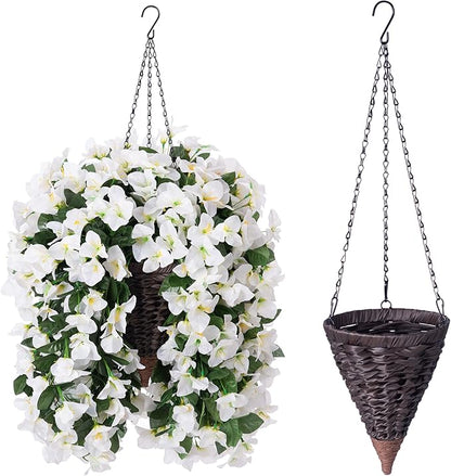 Artificial Bougainvillea Faux Flowers Plants Baskets for Outdoor Outside Summer Decoration, 3 PCS Fake Silk Long Hanging Vines UV Resistant Realistic for Front Door Porch Patio Balcony, White
