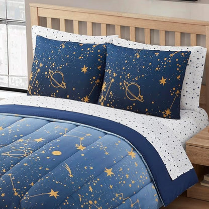 Kids Bedding Set Bed in a Bag for Boys and Girls Toddlers Printed Sheet Set and Comforter, Full, Galaxy