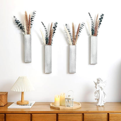 Wood Wall Planter 4 Pack Wall Decor for Artificial Flower Plants Wooden Plants Holder Wall Plant Pocket Vase Hanging for Living Room Bedroom Dining Room Bathroom Indoor Decroation (Light Grey)