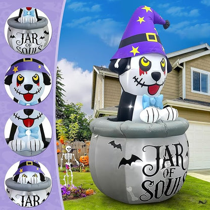 Kalolary 7FT Halloween Inflatables Animated Puppy Dog with Music, Witch Cauldron Halloween Blow Up Yard Decoration with Built-in LEDs for Indoor Outdoor Holiday Party Garden Lawn Decor