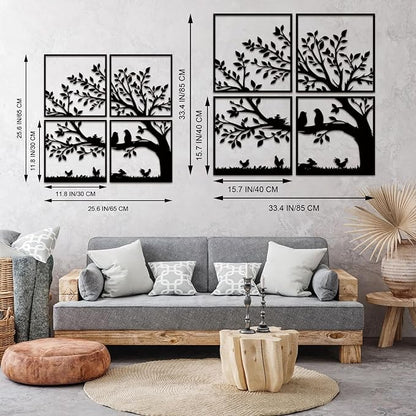 ruelen Wall Decor 4 Pieces Metal Birds and Branch Wall Art, Tree of Life Metal Wall Art, Black Leaves with Birds Silhouette Hanging Wall Sculpture For Indoor Home Bedroom Living Room Office Outdoor