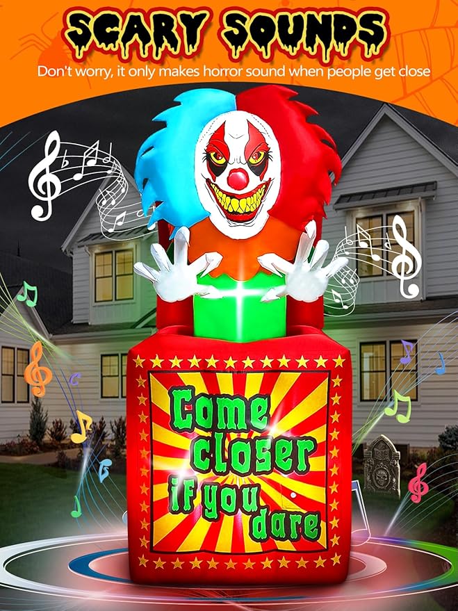 6.6 FT Halloween Inflatables Animated Clown with Music, Kalolary Circus Clown Box Outdoor Decorations Blow Up Yard with Built-in LEDs for Indoor Outdoor Party Garden Lawn Decor