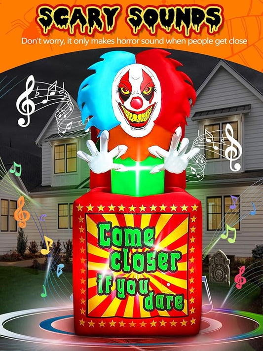 6.6 FT Halloween Inflatables Animated Clown with Music, Kalolary Circus Clown Box Outdoor Decorations Blow Up Yard with Built-in LEDs for Indoor Outdoor Party Garden Lawn Decor