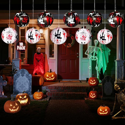10 PCS 11.8 inch Hanging Halloween Decorations Ball Set, Inflatable Hanging Halloween Ornament Balls with Bloody Handprints, Haunted Castles, Creepy Faces, Black Cats and Pumpkin for Yard,Party Decor