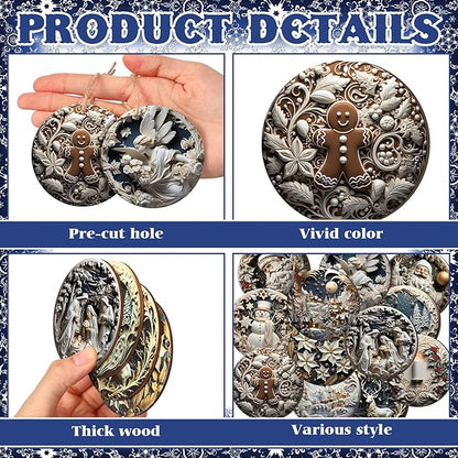 Suzile 36 Pcs Christmas Wooden Ornaments Vintage Christmas Decoration White Sculpture Hanging Decor Retro Round Santa Claus Snowman Tree Decoration for Farmhouse Xmas Home Wreaths Winter Party