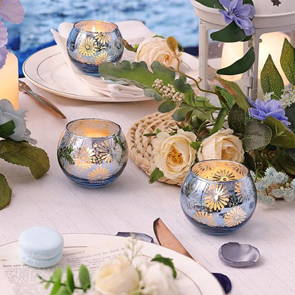 Blue Mercury Glass Votive Candle Holders Set of 12, Round Tealight Candle Holders Bulk for Table Centerpieces, Weddings, Shower Gifts, Party Decorations